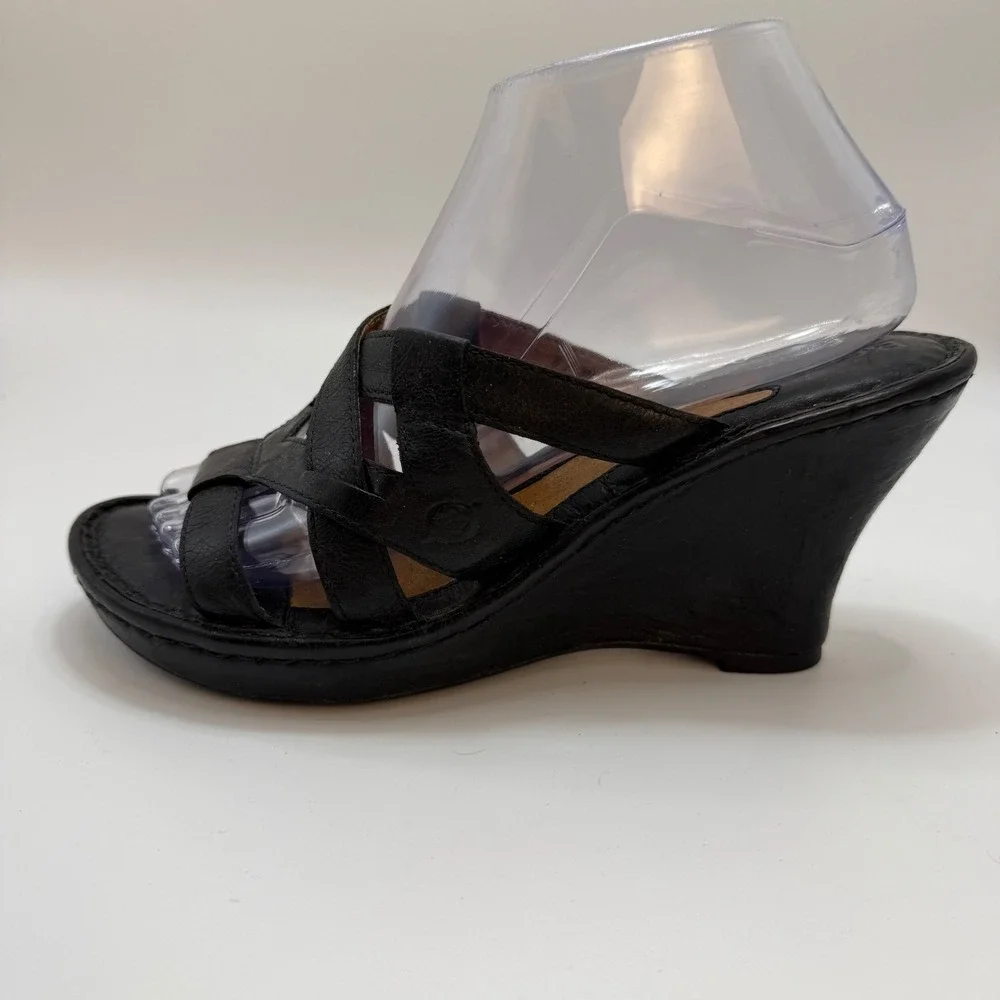 Born Black Leather Strappy Ascot Wedge Sandals Womens 8 M/W W3309 K6 Slide Mules